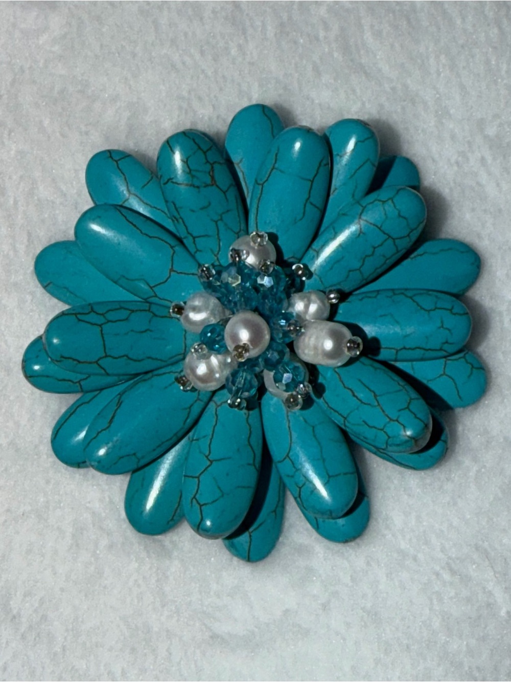 Handmade Double Sunflower Turquoise and White Pearl Floral Pin/Brooch